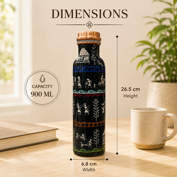 A decorative black bottle with white folk-art style illustrations and colorful bands, shown on a wooden table with overlaid dimension labels: 26.5 cm height, 6.