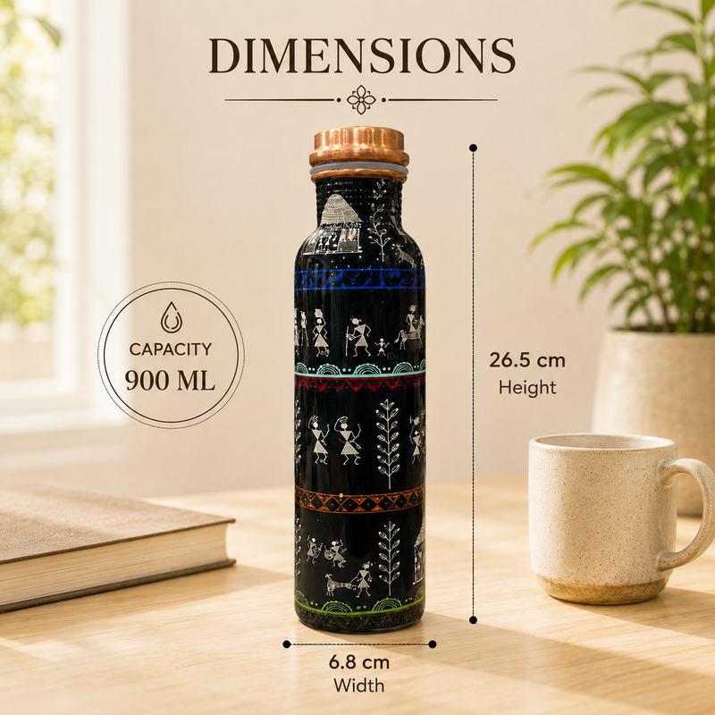 A decorative black bottle with white folk-art style illustrations and colorful bands, shown on a wooden table with overlaid dimension labels: 26.5 cm height, 6.