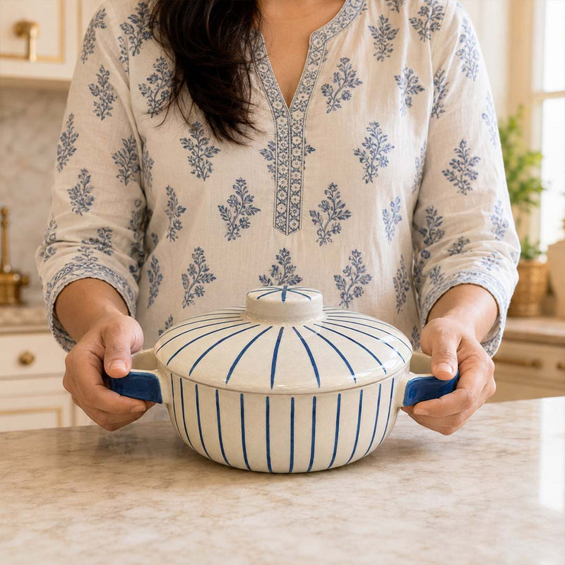 Blue Stripe Ceramic Casserole with Lid, 900ml