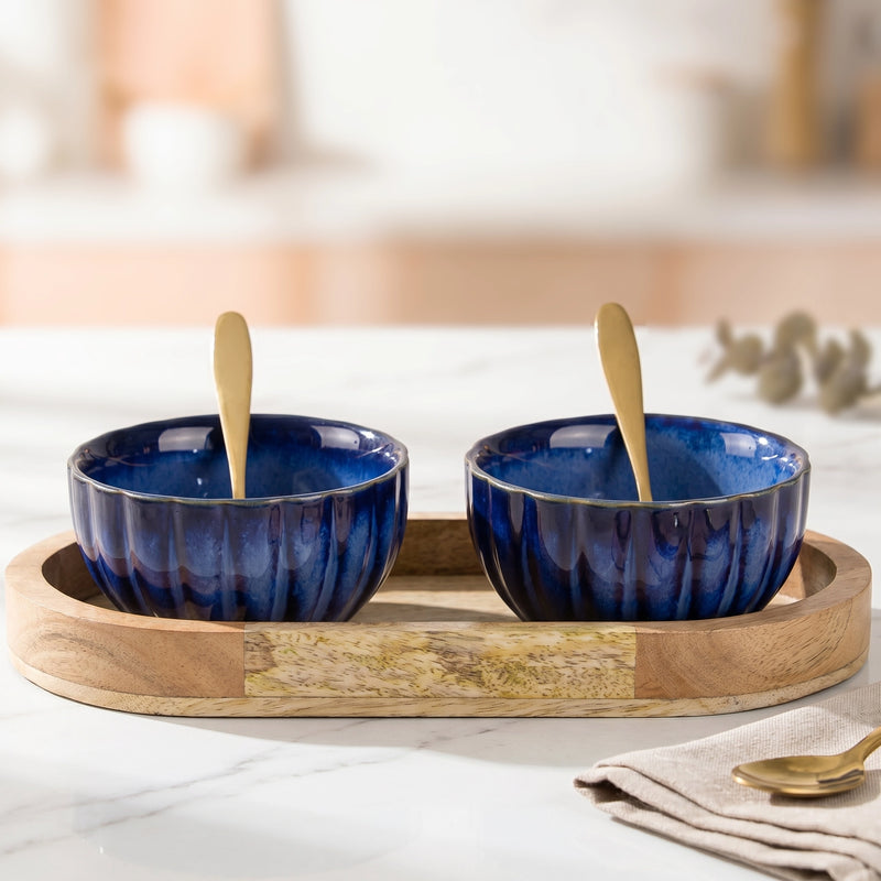 Blue Ribbed Ceramic Bowl Serving Set 2 Bowls, 1 Tray, and 2 Spoon