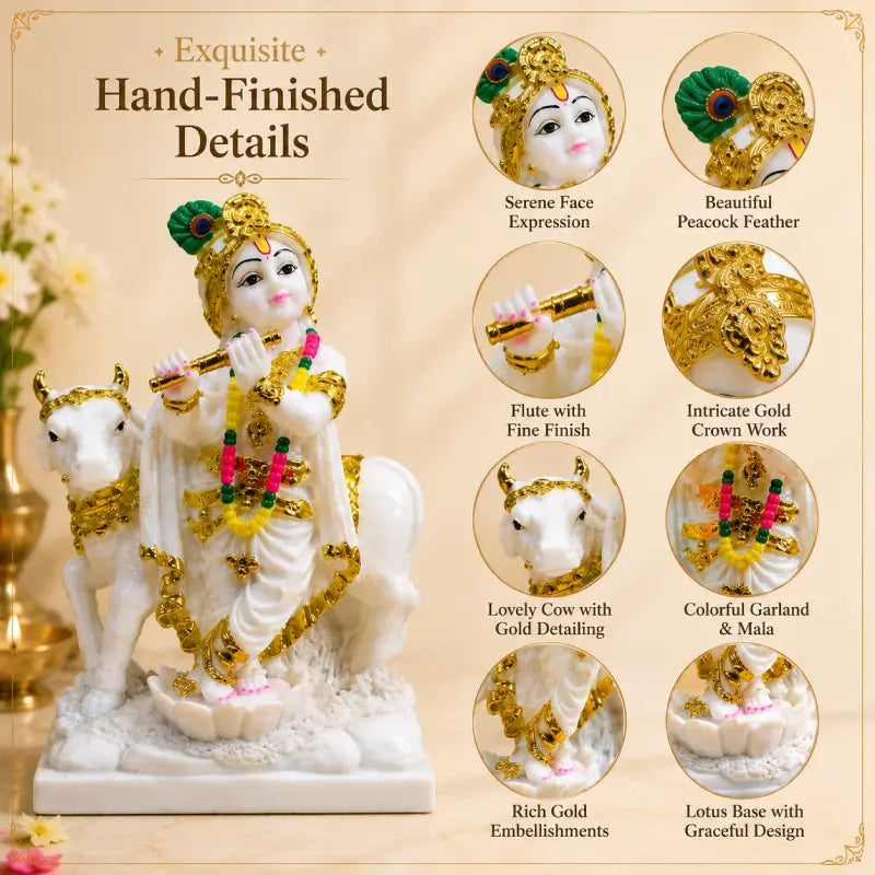 Krishna Idol: Premium White & Gold Spiritual Decor