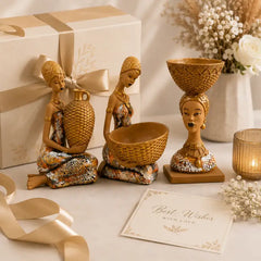 Artistic Ethnic Gold Lady Figurine Set – Decorative Tabletop Trio