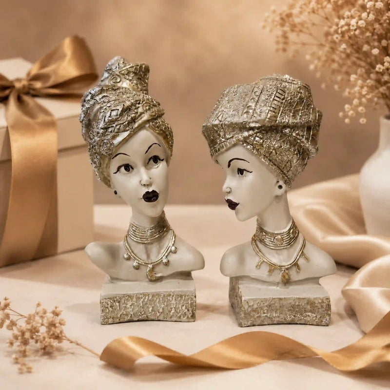 Artistic Ethnic Silver Lady Sculptural Bust Pair – Decorative Statues