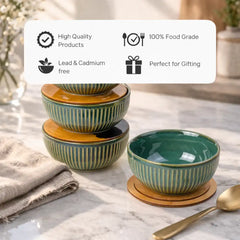 Glam Green Ceramic Bowl Set of 4 with Multipurpose Lids