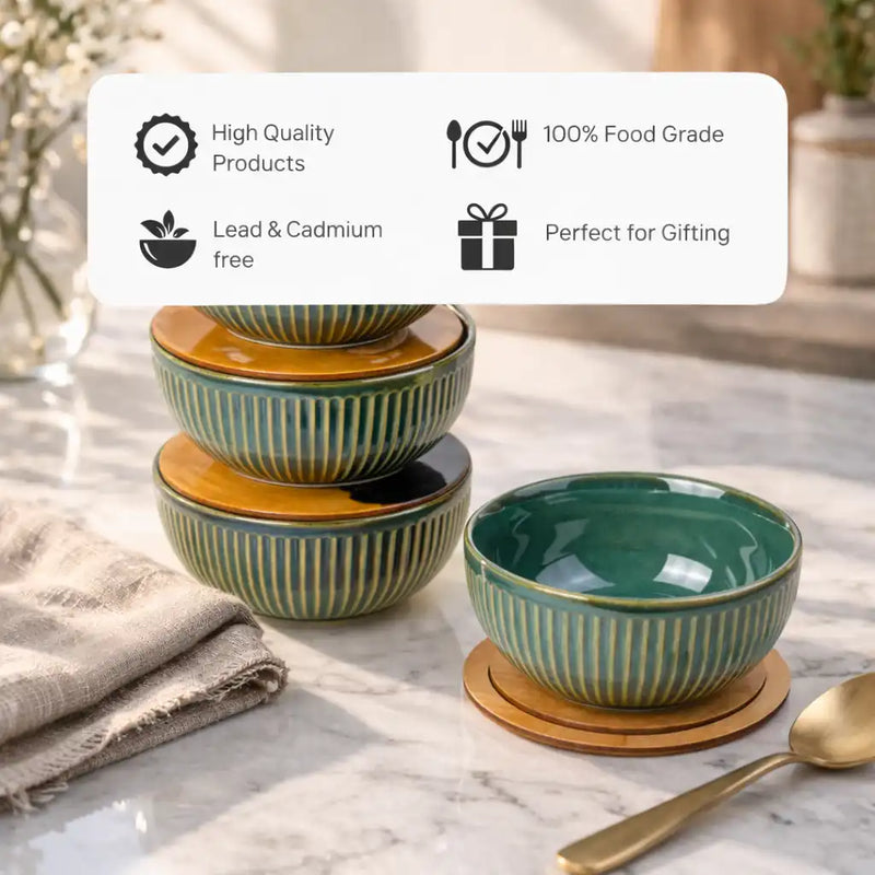 Glam Green Ceramic Bowl Set of 4 with Multipurpose Lids