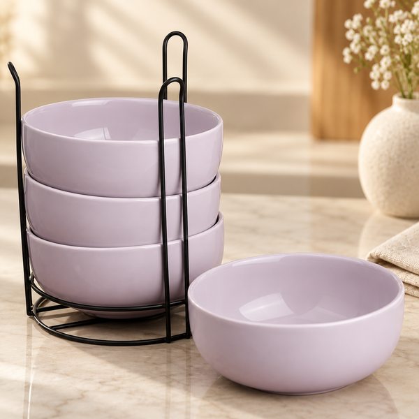 Solid Lavender Ceramic Bowl Set of 4 with Metal Stand