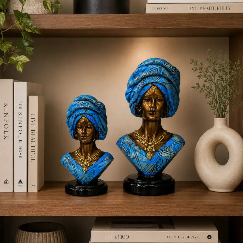 Majestic Bronze & Blue Sculptural Bust Pair (Set of 2)