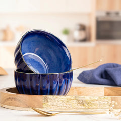 Blue Ribbed Ceramic Bowl Serving Set 2 Bowls, 1 Tray, and 2 Spoon