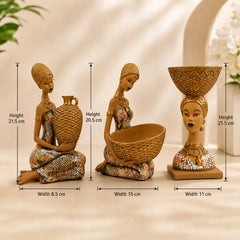 Artistic Ethnic Gold Lady Figurine Set – Decorative Tabletop Trio
