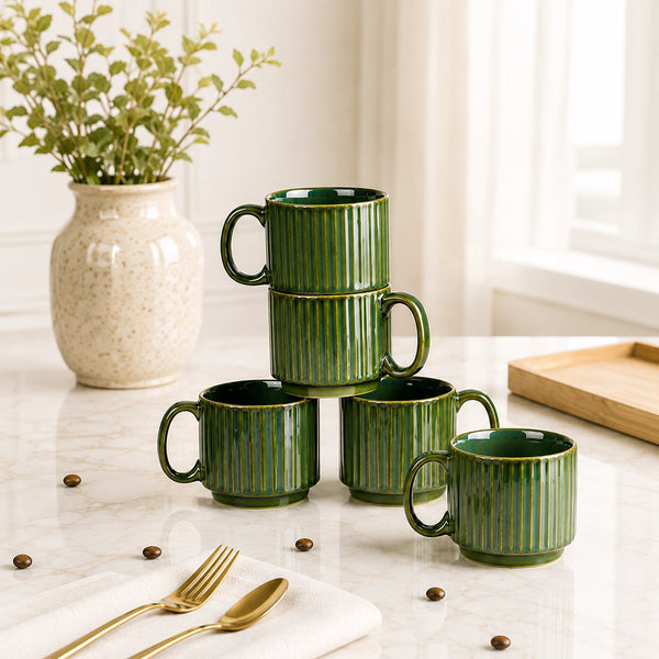 Green Ribbed Ceramic 2 Snack Bowl & 6 Tea Cup Combo