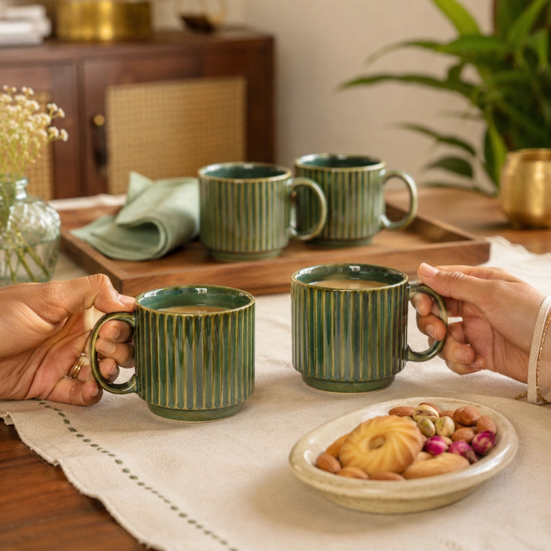 Green Ribbed Ceramic 2 Snack Bowl & 6 Tea Cup Combo