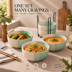 Tritone Green Ceramic Bowl Set of 4 with Metal Stand (500ml)