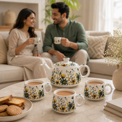 Botanical Meadow Ceramic Tea Set – 1000ML Teapot & 6 Cups