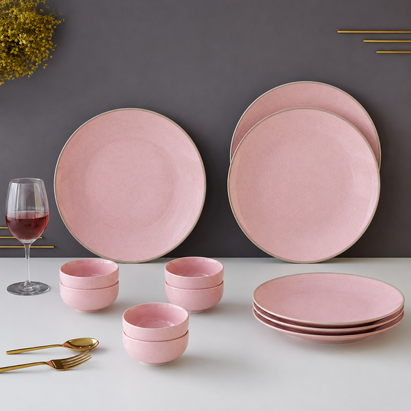 Pink Marble Ceramic Dinner Set - 12 pieces ( 6 Plates + 6 Bowls )