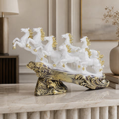 Majestic White & Gold Galloping 7 Horse Sculpture