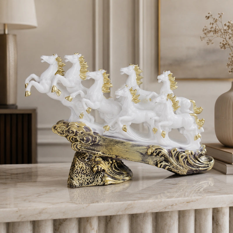 Majestic White & Gold Galloping 7 Horse Sculpture