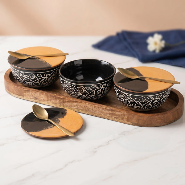 Black Artvine Ceramic Bowl Serving Set – 3 Bowls, 3 Coaster, 3 Spoon and 1 Tray
