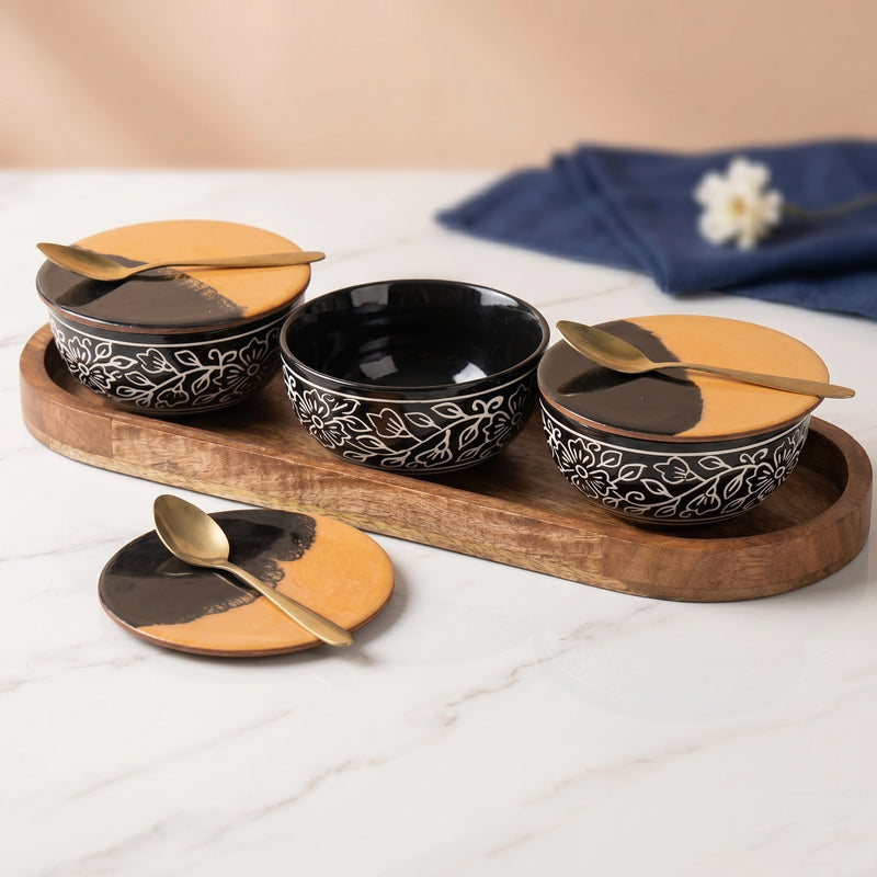 Black Artvine Ceramic Bowl Serving Set – 3 Bowls, 3 Coaster, 3 Spoon and 1 Tray