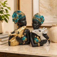 Elegant African Lady with Deer Sculptural Bust Pair – Decorative Gold & Silver Figures