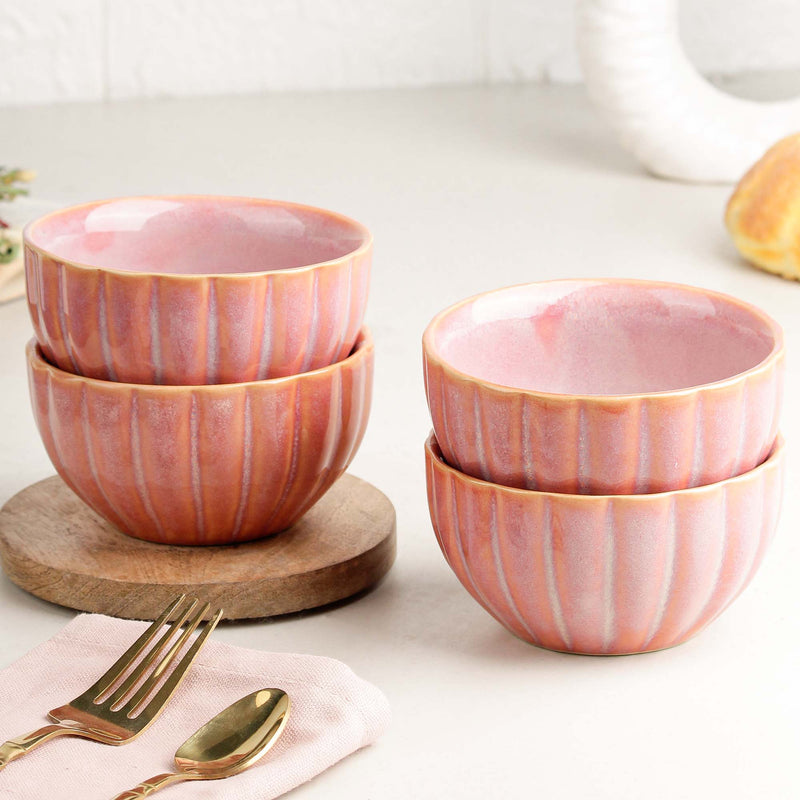 Pink Ribbed Ceramic Snack Bowl Set of 4 – 320ML