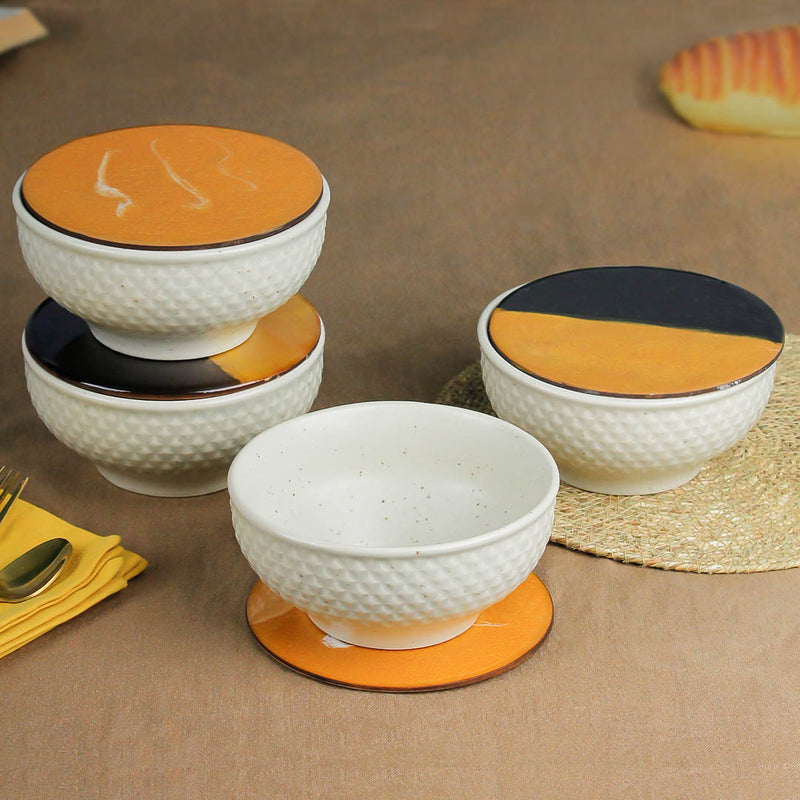 Cream Star Ceramic Bowl Set of 4 – 580ML with Lid