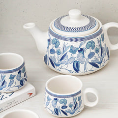 Blue Petals Ceramic Tea Kettle Cup Set of 6