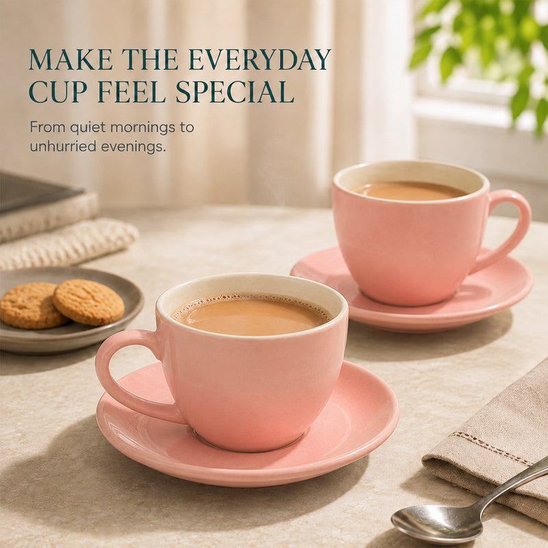 Solid Peach Ceramic Cappuccino Cup & Saucer Set of 4