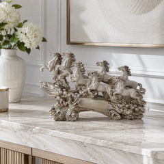 Victorious Galloping 7 Horse Sculpture | Ivory & Champagne Gold