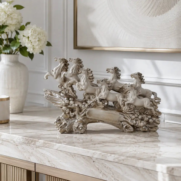 Victorious Galloping 7 Horse Sculpture | Ivory & Champagne Gold