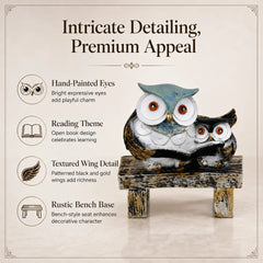Wisdom & Learning Owl Pair Sculpture on Rustic Bench