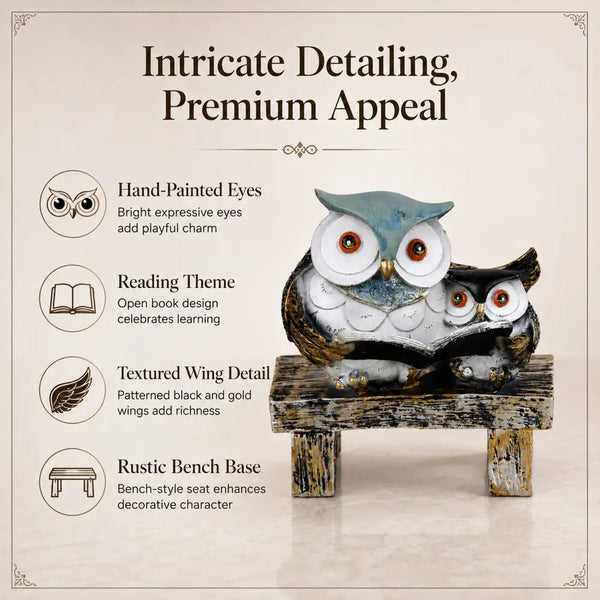 Wisdom & Learning Owl Pair Sculpture on Rustic Bench