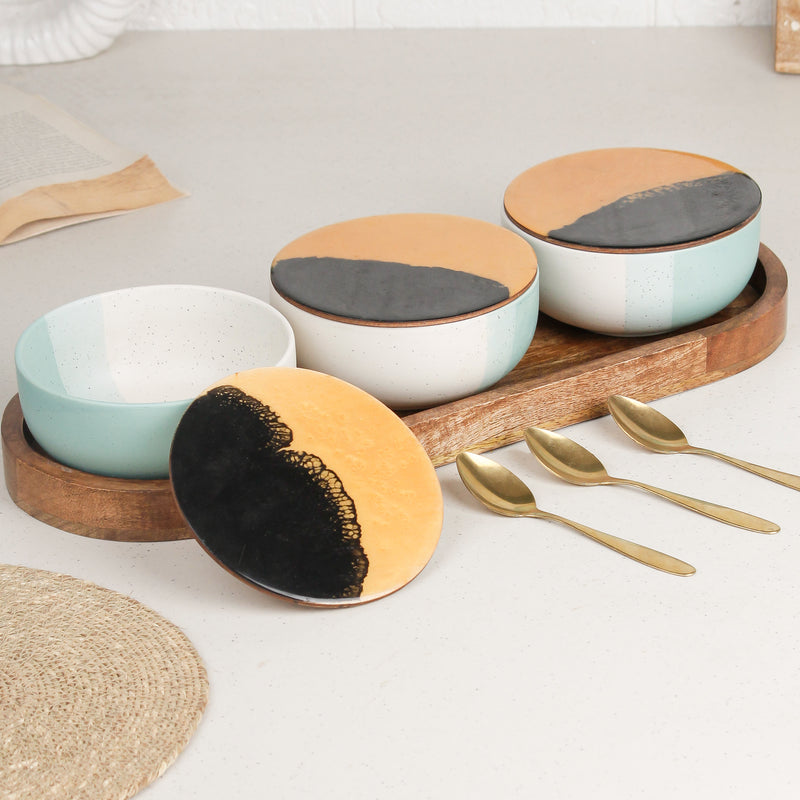 TT Green Matte Ceramic Bowl Serving Set 3 Bowls, 1 Tray, 3 Spoon and 3 Coaster