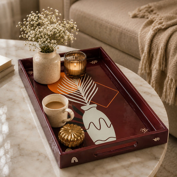 Brown Abstract Botanica Wooden Serving Tray Set of 3