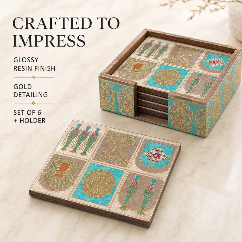 Mughal Heritage Wooden Coaster Set of 6 with Holder