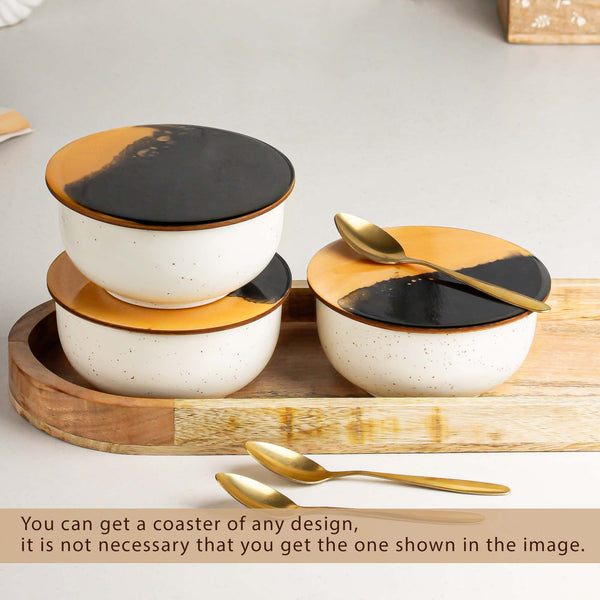 White Marble Ceramic Bowl Serving Set 3 Bowls, 1 Tray, 3 Spoon and 3 Coaster