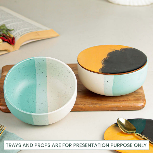 Green Matte Ceramic Bowl Set of 2 – 500ML with Lid
