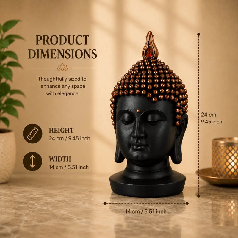 Serenity Buddha Head Sculpture – Matte Black & Copper