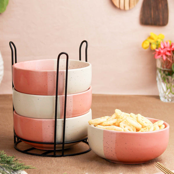 Tritone Pink Ceramic Bowl Set of 4 with Metal Stand – 500ML
