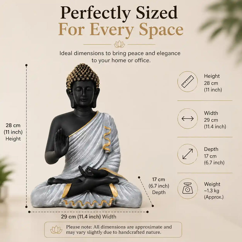 Meditating Buddha Statue in Premium Black & Silver with Gold Accents