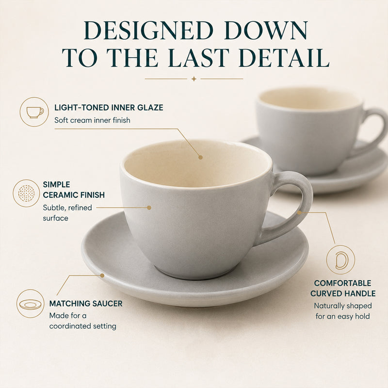 Solid Grey Ceramic Cappuccino Cup & Saucer Set of 4