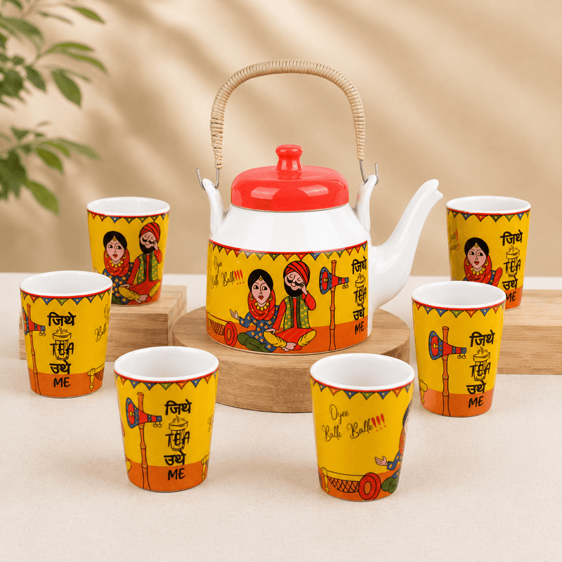 Traditional Punjabi Ceramic Tea Set – “Jitthe Tea Utthe Me” Kettle with 6 Tea Glasses