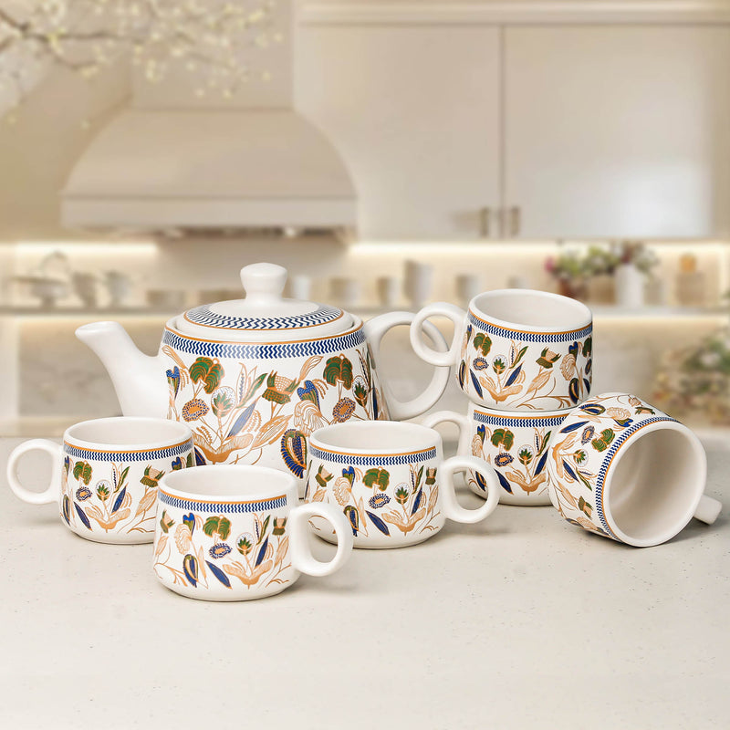 Bronze Petals Ceramic Tea Set With 6 Cups Kettle