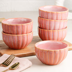 Pink Ribbed Ceramic Snack Bowl Set of 6 – 320ML