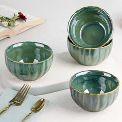 Green Ribbed Ceramic Bowl Set of 4, 320ML