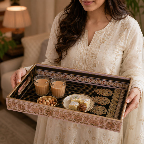 Royal Heritage Black & Gold Wooden Serving Tray Set of 3