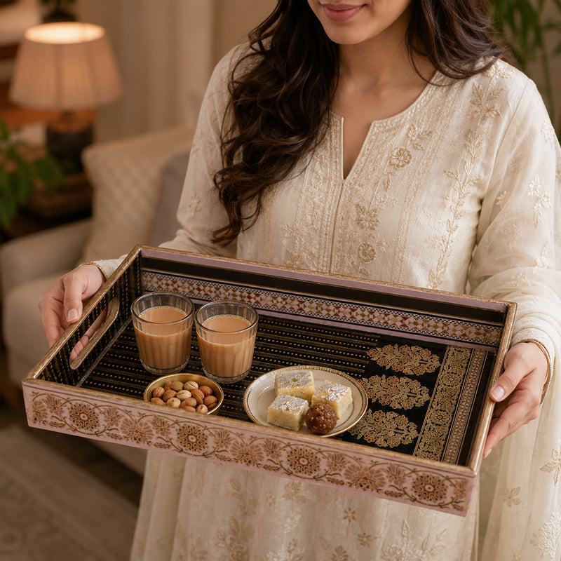 Royal Heritage Black & Gold Wooden Serving Tray Set of 3