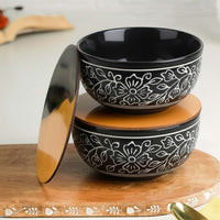 Black Artvine Ceramic Bowl Set of 2 – 500ML with Wooden Lid