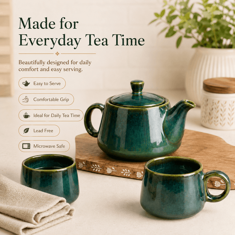 Green Glaze Ceramic Tea Set | Kettle & 2 Cups (400ml)