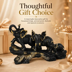 Majestic Black & Gold Elephant Family Sculpture