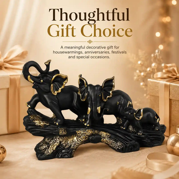 Majestic Black & Gold Elephant Family Sculpture